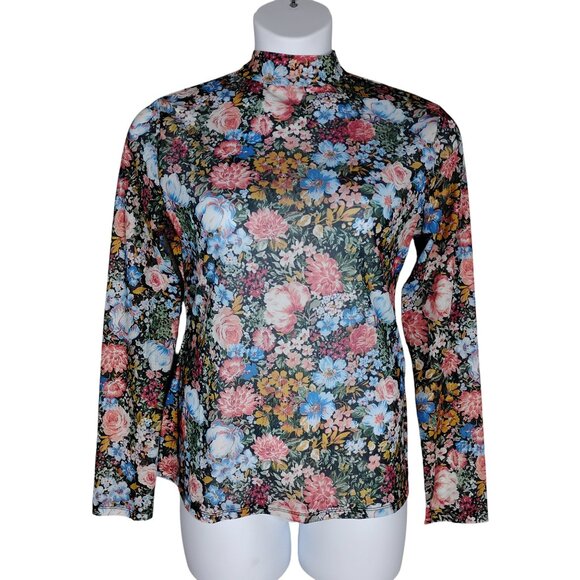 Bemor Run Tops - Bemor Run Floral Mesh Top Size XXL Multicolor Long Sleeve High Neck See Thru